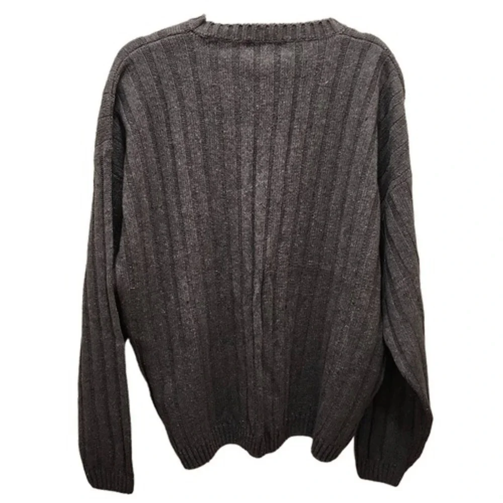 Savile Row Mens Large Striped Ribbed‎ Knit Sweater Grey Navy Ramie Cotton Blend